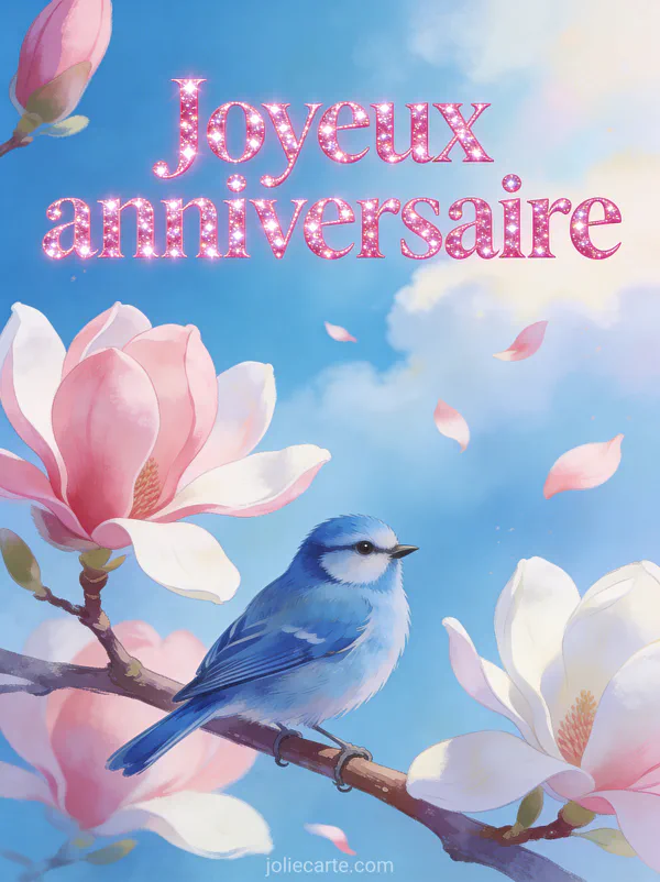 Mésange bleue perchée sur une branche de magnolia en fleurs avec pétales volants et le texte Joyeux anniversaire
