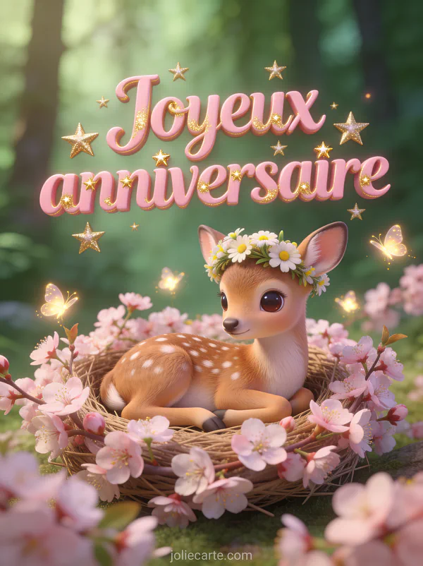 Petit faon aux grands yeux dans un nid de fleurs de cerisier avec couronne de pâquerettes et lucioles