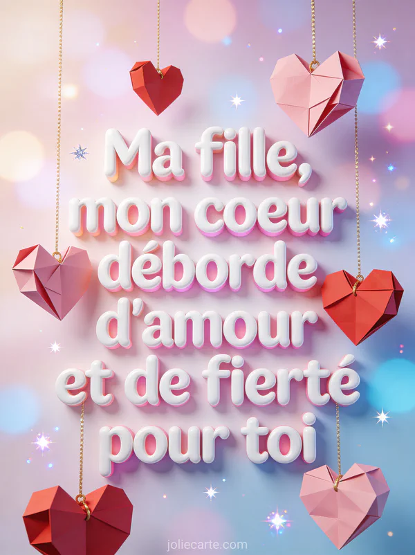 Cœurs en origami roses et rouges suspendus par des fils dorés sur fond de bokeh lumineux pastel avec étoiles