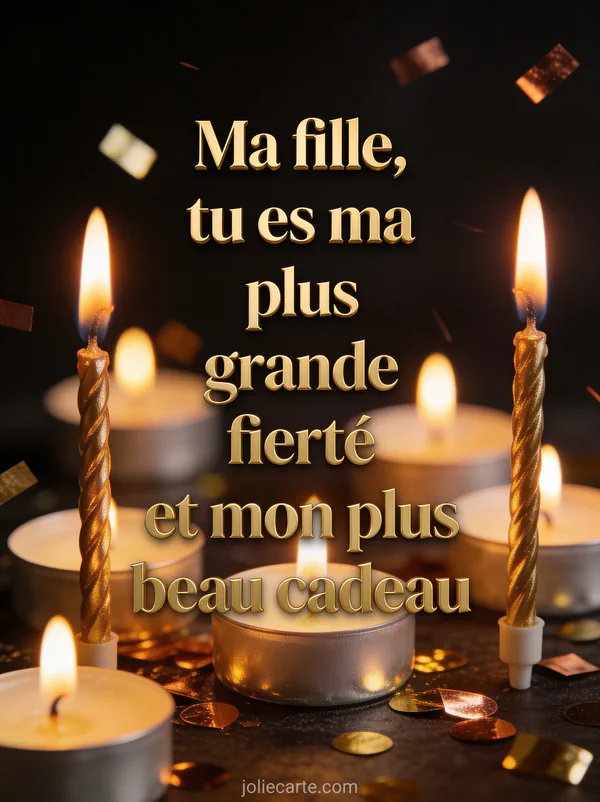 Bougies d'anniversaire allumées sur fond sombre élégant avec flammes dorées et confettis métalliques cuivrés