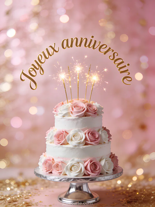 Gâteau trois étages décoré de roses en crème au beurre avec sparklers dorés et le texte Joyeux anniversaire