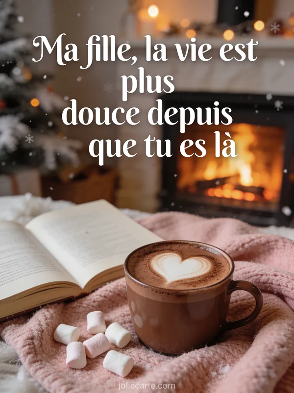 Tasse de chocolat chaud avec latte art cœur sur plaid rose avec marshmallows et le texte Ma fille la vie est plus douce