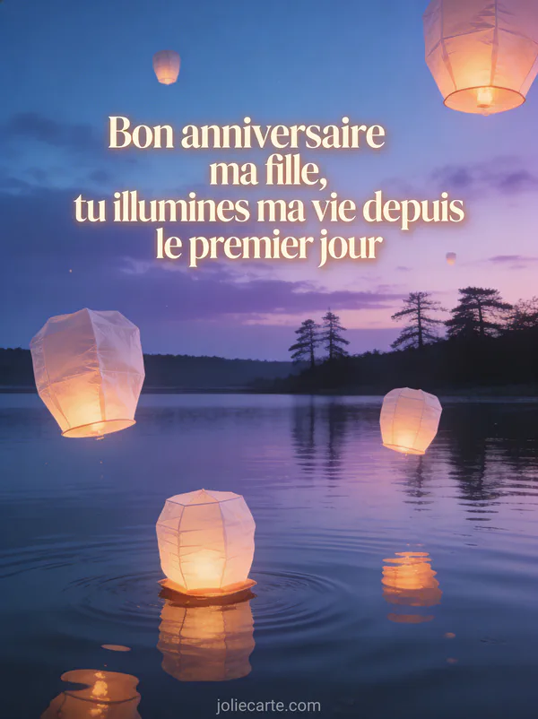Lanternes en papier lumineuses flottant dans un ciel crépusculaire bleu et violet avec reflets sur lac calme