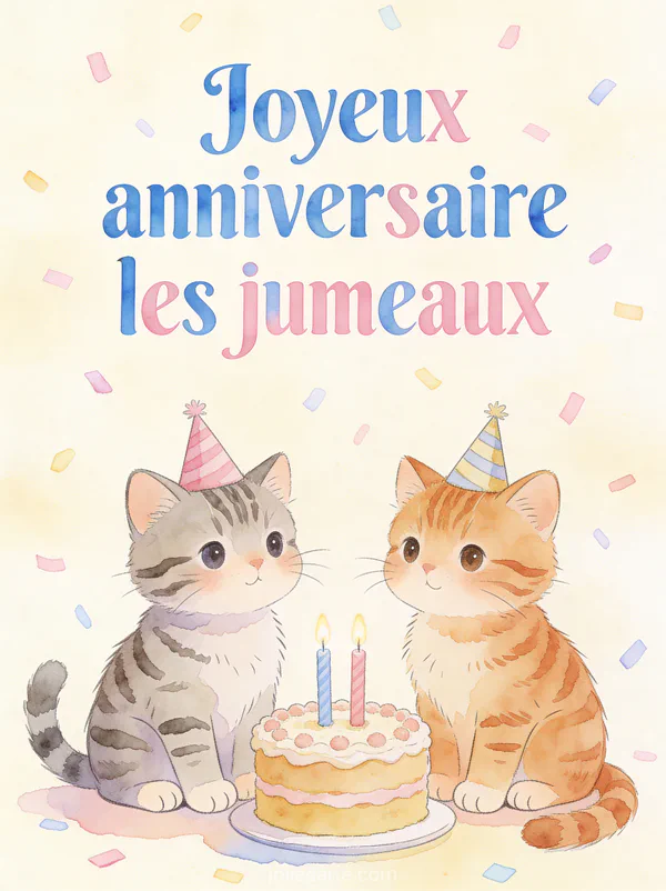 Deux chatons jumeaux avec chapeaux de fête et gâteau à deux bougies avec le texte Joyeux anniversaire les jumeaux