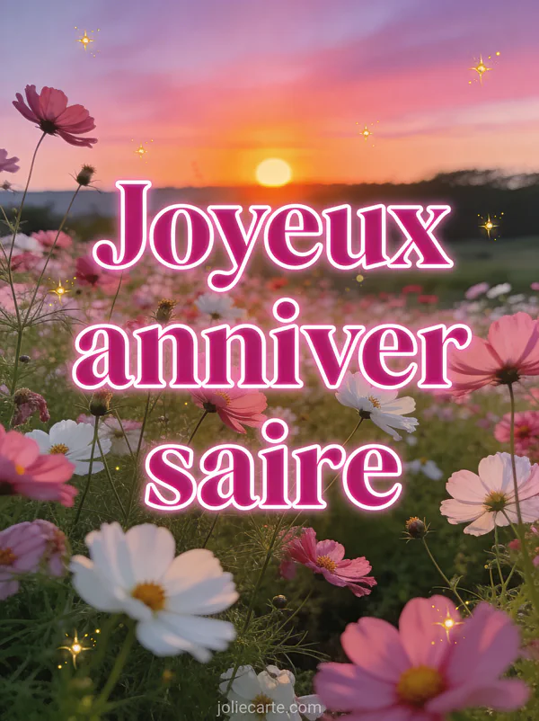 Champ de cosmos roses au coucher de soleil avec lucioles dorées et le texte Joyeux anniversaire en rose fuchsia