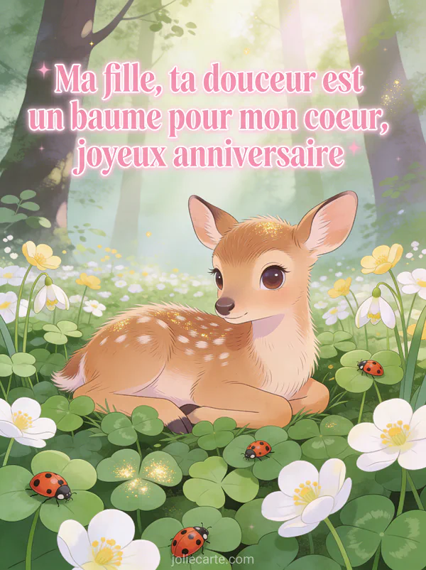 Petit faon aux grands yeux tendres couché dans un tapis de trèfles et pâquerettes avec lumière filtrée en sous-bois