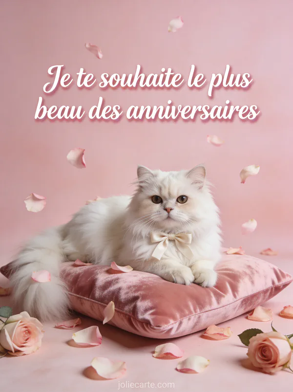 Chat persan blanc sur coussin velours rose avec pétales de roses et le texte Je te souhaite le plus beau des anniversaires