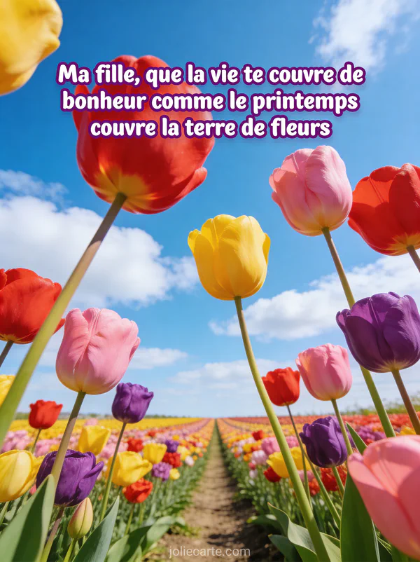 Vaste champ de tulipes multicolores rouge jaune rose violet sous un ciel bleu avec nuages blancs lumière printanière