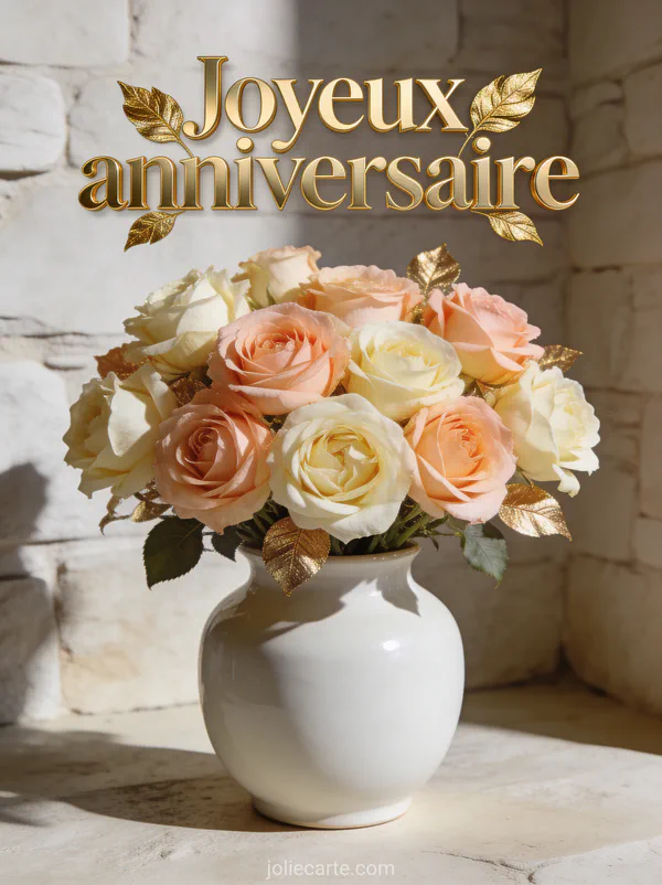 Roses David Austin pêche et crème dans un vase blanc sur fond pierre avec le texte Joyeux anniversaire en doré
