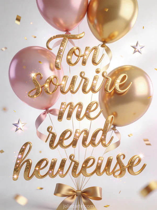 Ballons roses et dorés attachés avec rubans en satin sur fond blanc lumineux avec confettis dorés et étoiles