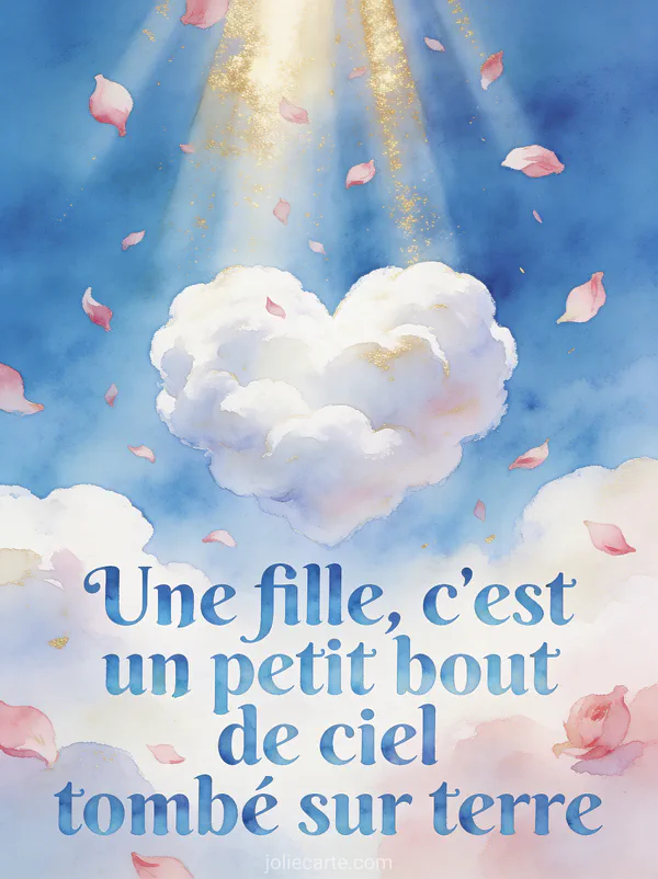 Nuages formant un cœur dans un ciel bleu avec rayons de soleil et pétales roses et la citation Une fille c'est un petit bout de ciel