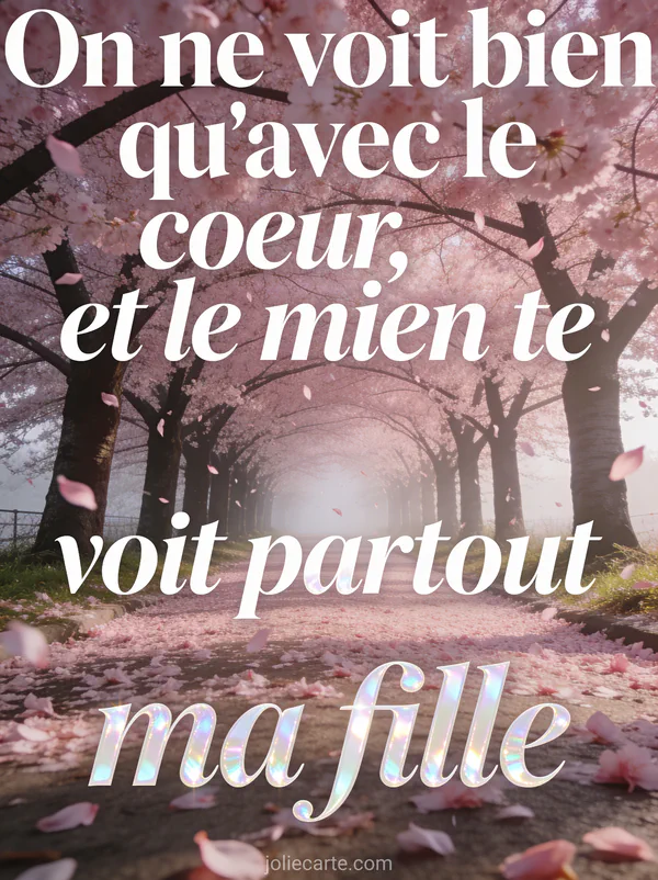 Allée de cerisiers en fleurs formant un tunnel rose avec pétales tombants comme neige rose et lumière matinale