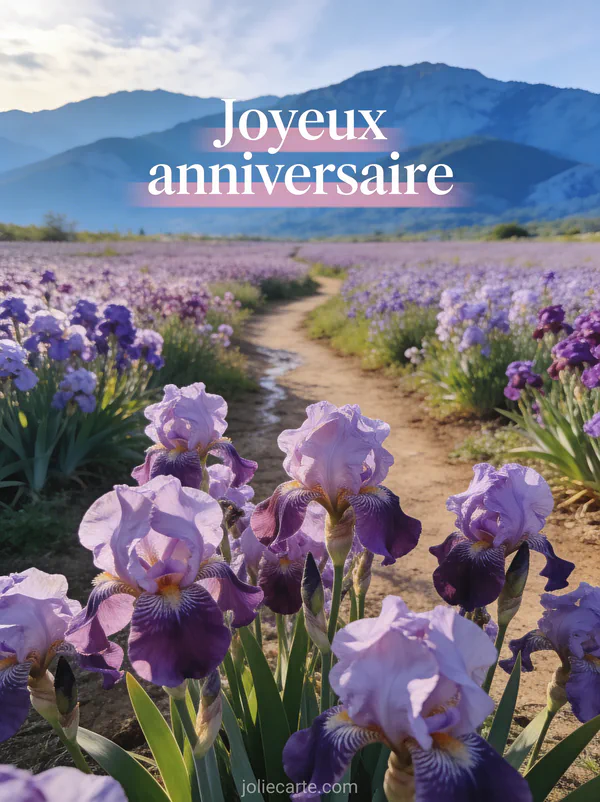 Champ d'iris mauves et violets avec chemin de terre et montagnes au loin et le texte Joyeux anniversaire