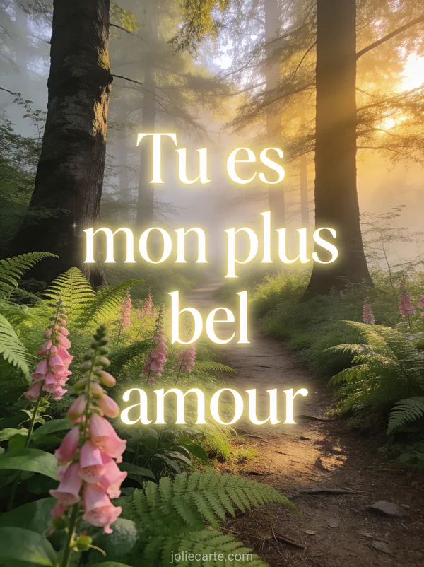 Sentier forestier bordé de fougères et digitales roses avec lumière dorée filtrant entre les arbres et brume matinale