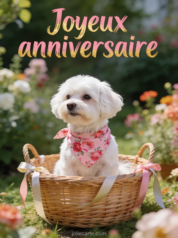 Bichon frisé blanc avec bandana floral dans panier en osier et le texte Joyeux anniversaire en rose doré