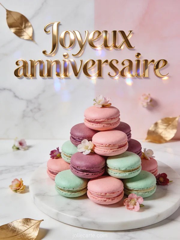 Pyramide de macarons roses mauves et verts sur marbre blanc avec touches dorées et le texte Joyeux anniversaire