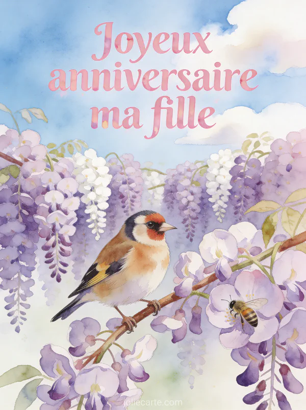 Chardonneret perché sur glycine en fleurs mauves et blanches avec abeille et le texte Joyeux anniversaire ma fille