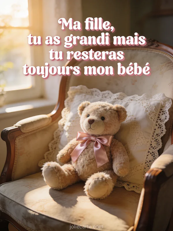 Ours en peluche vintage avec nœud rose sur fauteuil bergère ancien avec coussin en dentelle lumière chaude