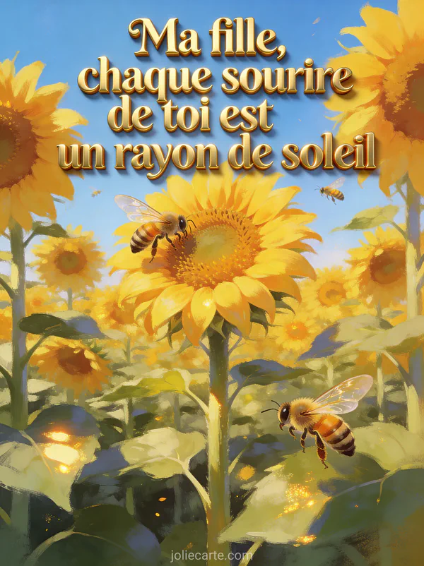 Champ de tournesols géants sous ciel bleu avec abeilles et le texte Ma fille chaque sourire de toi est un rayon de soleil