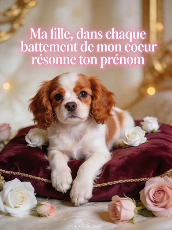 Chiot cavalier king charles aux oreilles rousses couché sur un coussin de velours bordeaux avec petites roses