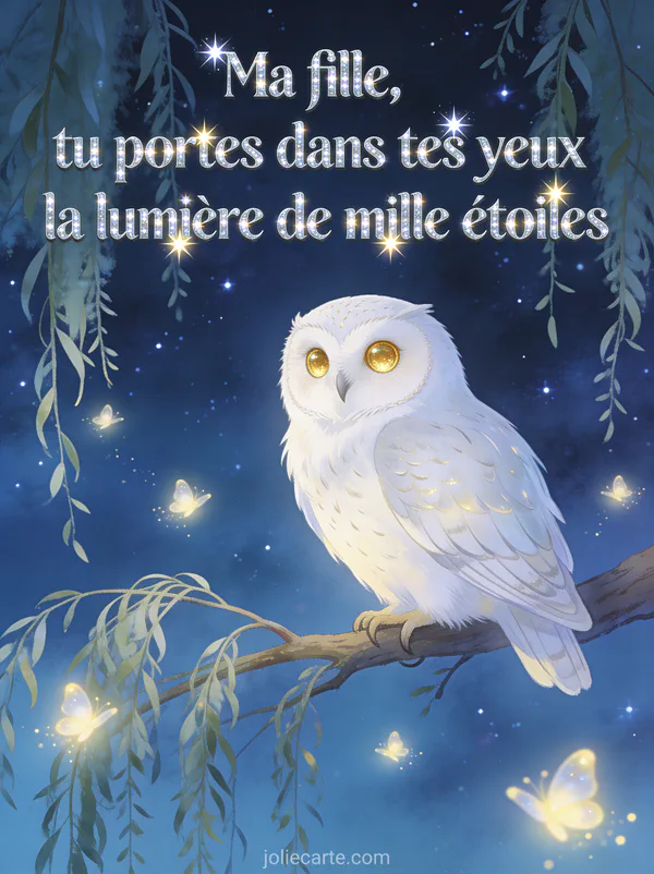 Chouette blanche aux grands yeux dorés perchée sur branche de saule pleureur avec lucioles et nuit étoilée