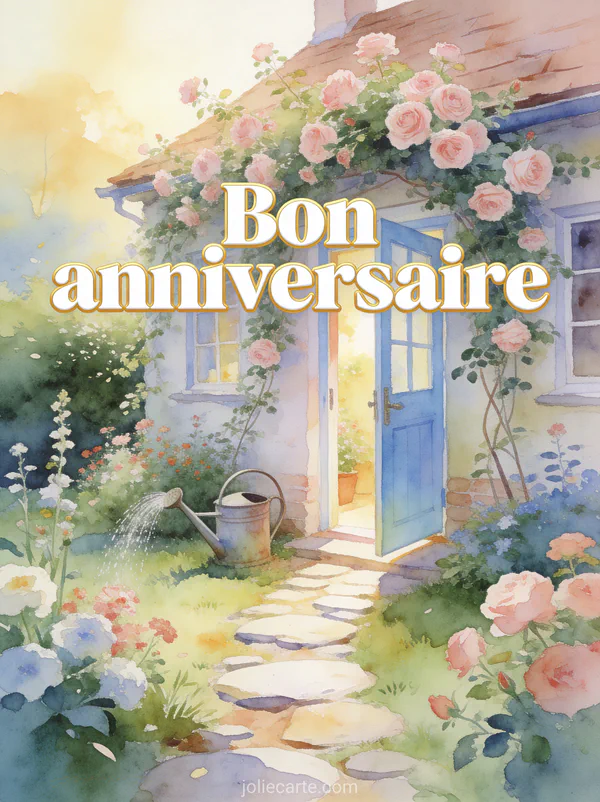 Cottage anglais couvert de roses grimpantes avec jardin fleuri et porte bleu pastel et le texte Bon anniversaire