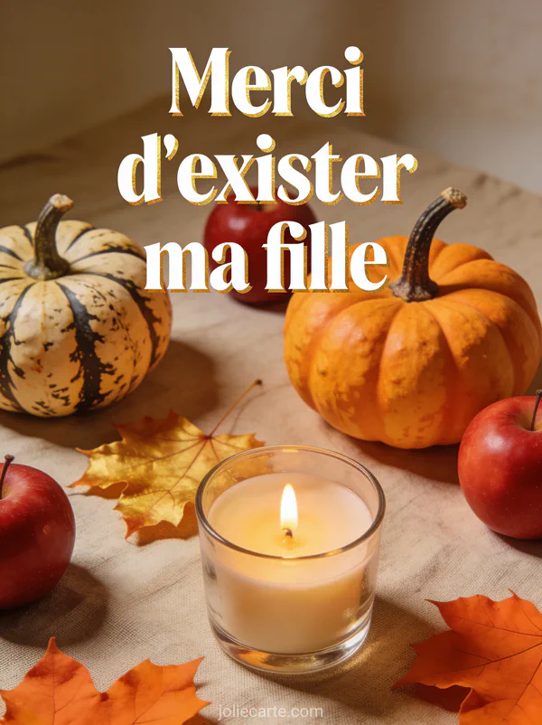 Composition automnale avec citrouilles décoratives pommes rouges feuilles d'érable dorées bougie et tissu en lin