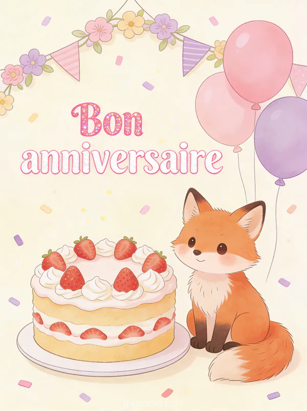 Corgi souriant avec guirlande de fleurs sur un gâteau avec ballons pastel et le texte Bon anniversaire