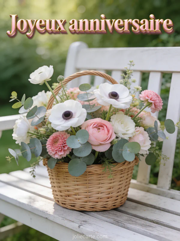Panier en osier avec anémones eucalyptus et renoncules sur banc blanc dans un jardin et le texte Joyeux anniversaire