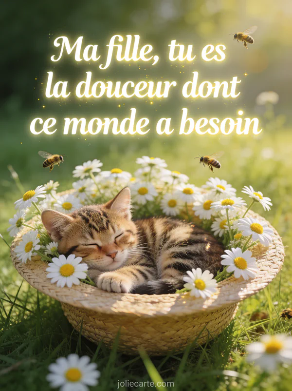 Chaton tigré endormi dans un chapeau de paille rempli de fleurs de camomille avec lumière matinale