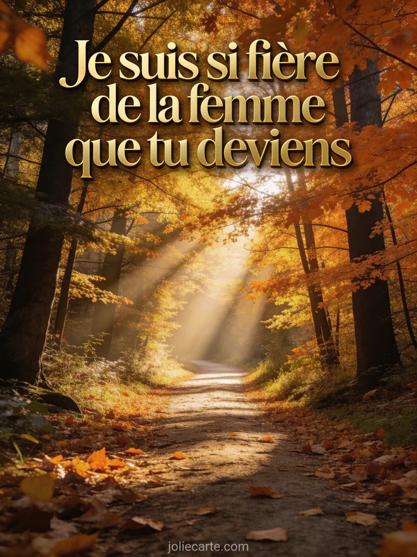 Sentier forestier automnal avec rayons de soleil et feuilles dorées et le texte Je suis si fière de la femme que tu deviens