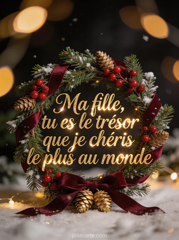 Couronne de sapin avec baies rouges ruban velours bordeaux pommes de pin dorées et bokeh de lumières chaudes