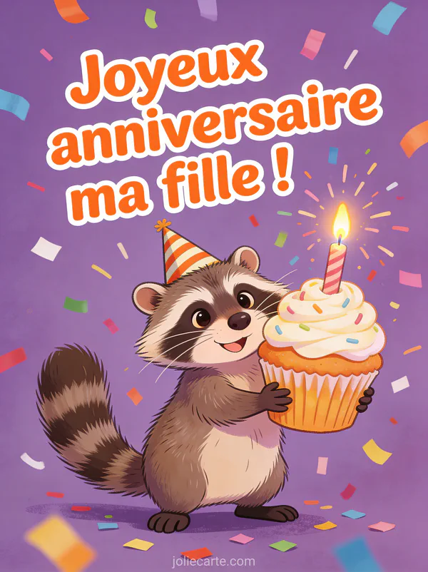 Raton laveur espiègle avec chapeau de fête portant un cupcake géant avec confettis et le texte Joyeux anniversaire