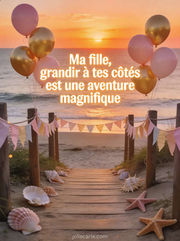 Ballons roses et dorés sur barrière en bois au bord de mer avec fanions et coucher de soleil et le texte bon anniversaire