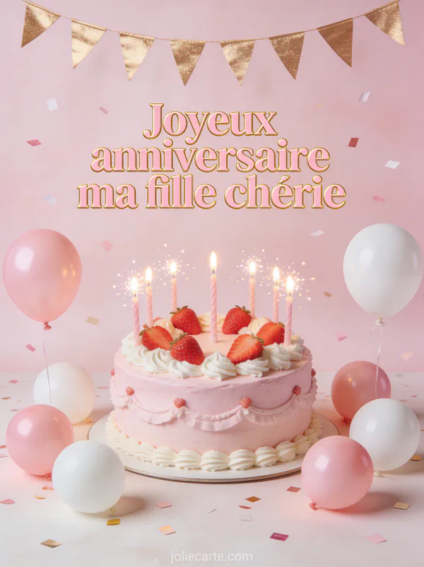 Gâteau rose avec fraises entouré de ballons roses et guirlande dorée avec le texte Joyeux anniversaire ma fille chérie