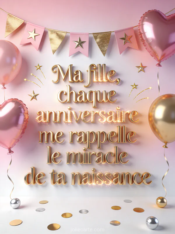 Guirlande de fanions roses et dorés ballons cœur étoiles filantes confettis dorés et argentés fond rose tendre