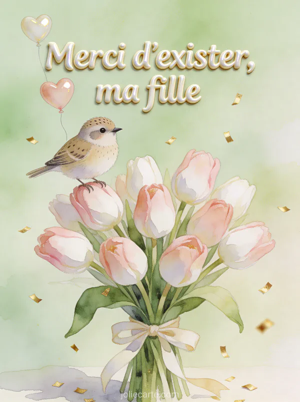 Oiseau sur bouquet de tulipes roses avec ballons cœur et confettis dorés et le texte Merci d'exister ma fille