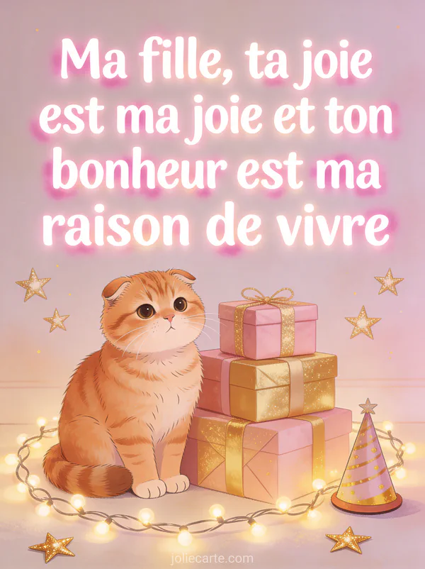 Chat scottish fold roux assis à côté de cadeaux emballés rose et or avec guirlande lumineuse et étoiles dorées