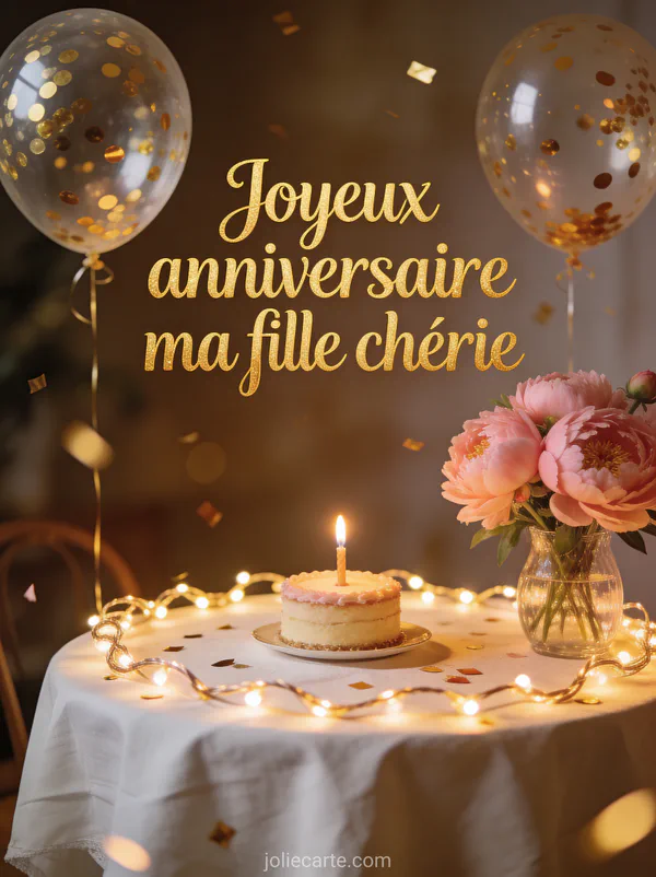 Table d'anniversaire avec gâteau bougie ballons confettis guirlande lumineuse et pivoines et le texte Joyeux anniversaire