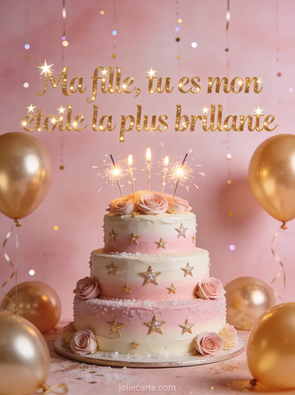 Gâteau d'anniversaire trois étages crème rose étoiles dorées roses en sucre sparklers allumés ballons dorés et paillettes
