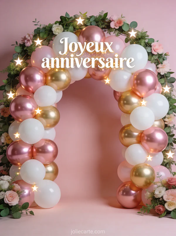 Arche de ballons rose gold blancs et dorés avec guirlande de verdure et étoiles et le texte Joyeux anniversaire