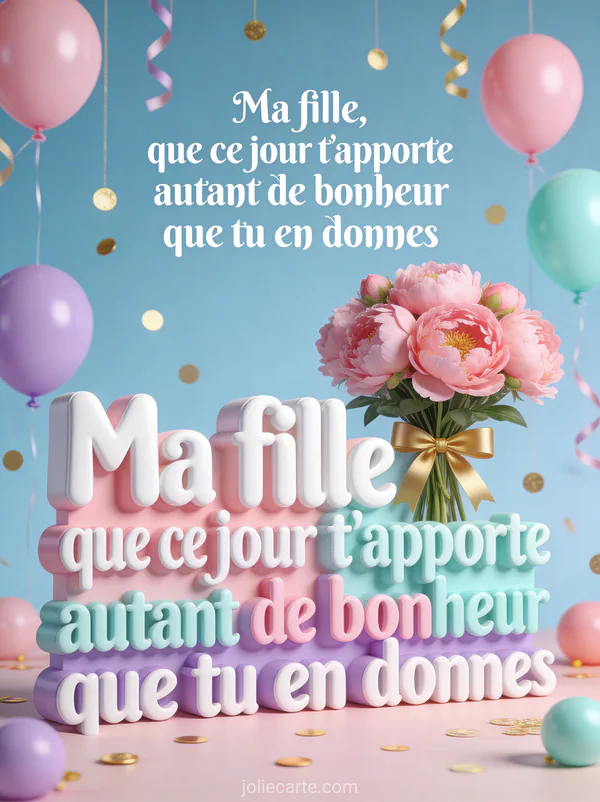 Bouquet de pivoines roses avec ruban doré ballons pastel rose lavande et menthe confettis dorés et cotillons