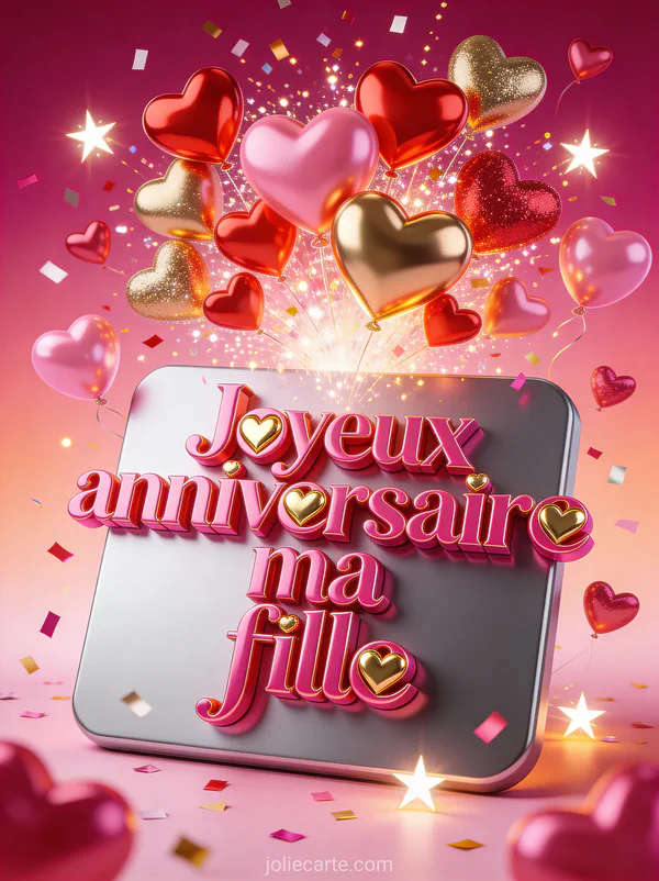 Explosion de cœurs rouges roses et dorés avec ballons cœur confettis et le texte Joyeux anniversaire ma fille