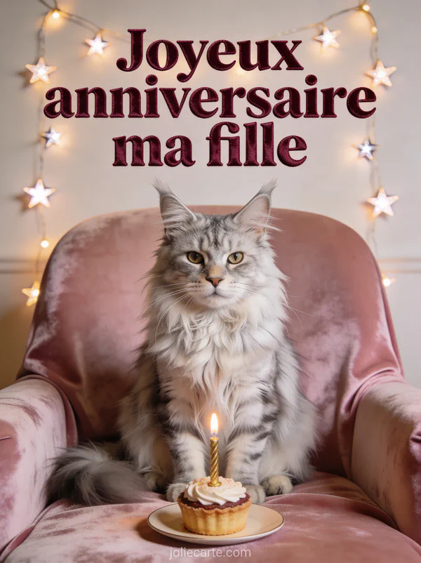 Maine coon argenté sur fauteuil velours rose avec gâteau et bougie et guirlande étoilée et le texte Joyeux anniversaire