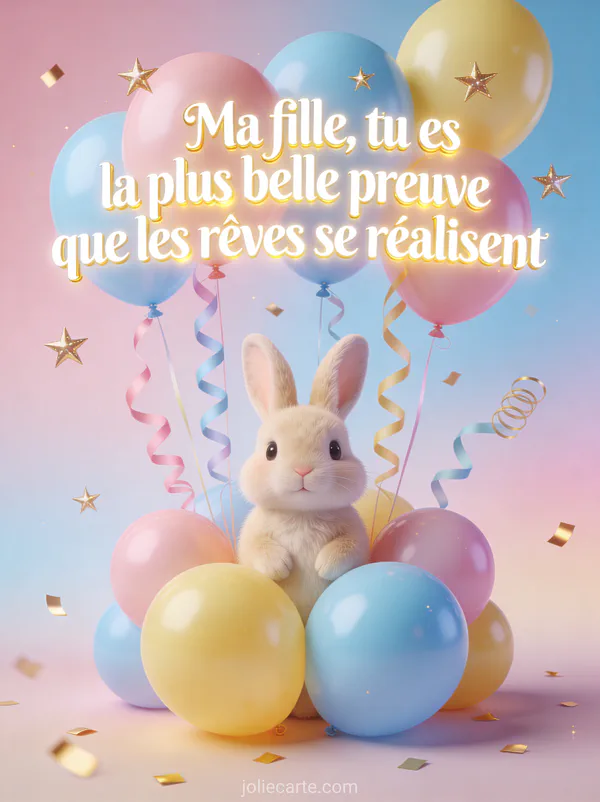 Petit lapin beige au milieu de ballons pastel colorés étoiles dorées rubans spirales cotillons fond rose et bleu