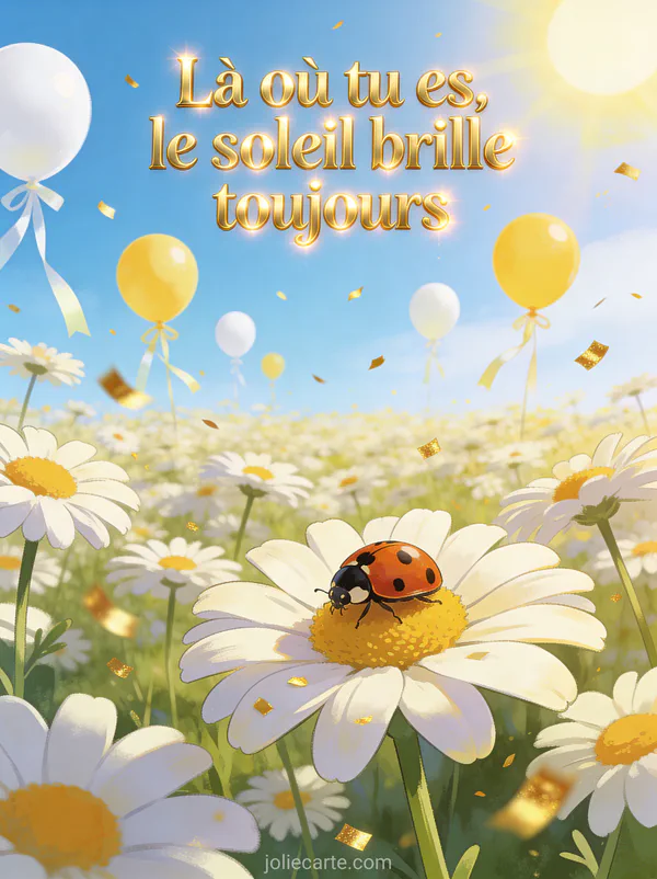 Champ de marguerites avec ballons blancs et jaunes coccinelle et confettis et le texte Là où tu es le soleil brille