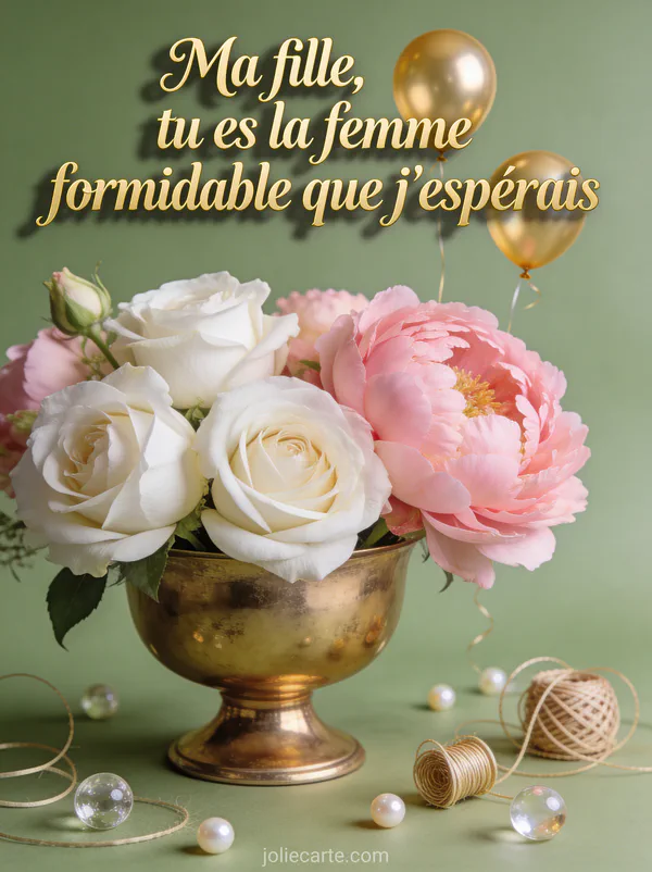 Roses blanches et pivoines roses dans vase en laiton doré avec ballons dorés cotillons et perles fond vert sauge