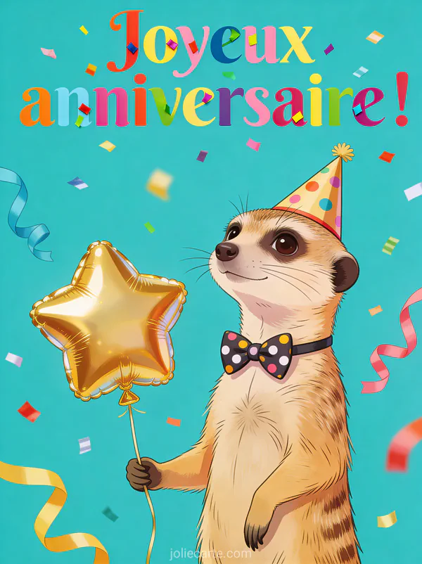Suricate avec nœud papillon et chapeau de fête tenant un ballon étoile doré avec cotillons et le texte Joyeux anniversaire