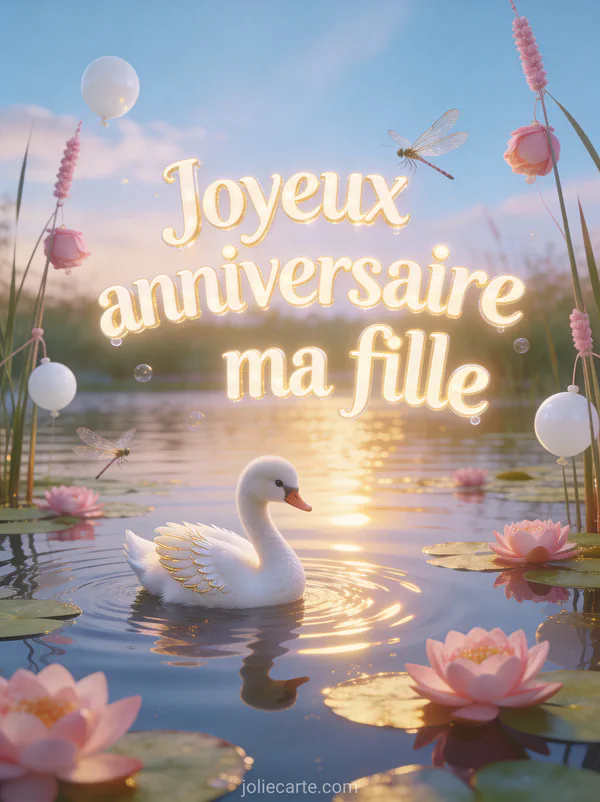 Cygne blanc sur lac avec nénuphars ballons roses et reflets dorés et le texte Joyeux anniversaire ma fille