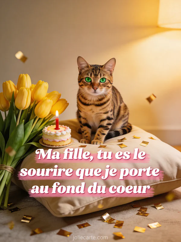 Chat bengal aux yeux verts assis sur coussin près de tulipes jaunes gâteau d'anniversaire avec bougie et confettis dorés
